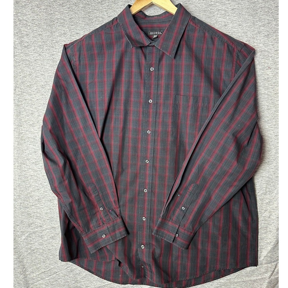 GEORGE Mens 2XL Red Black Plaid Long‎ Sleeve Button Up Shirt 50-52